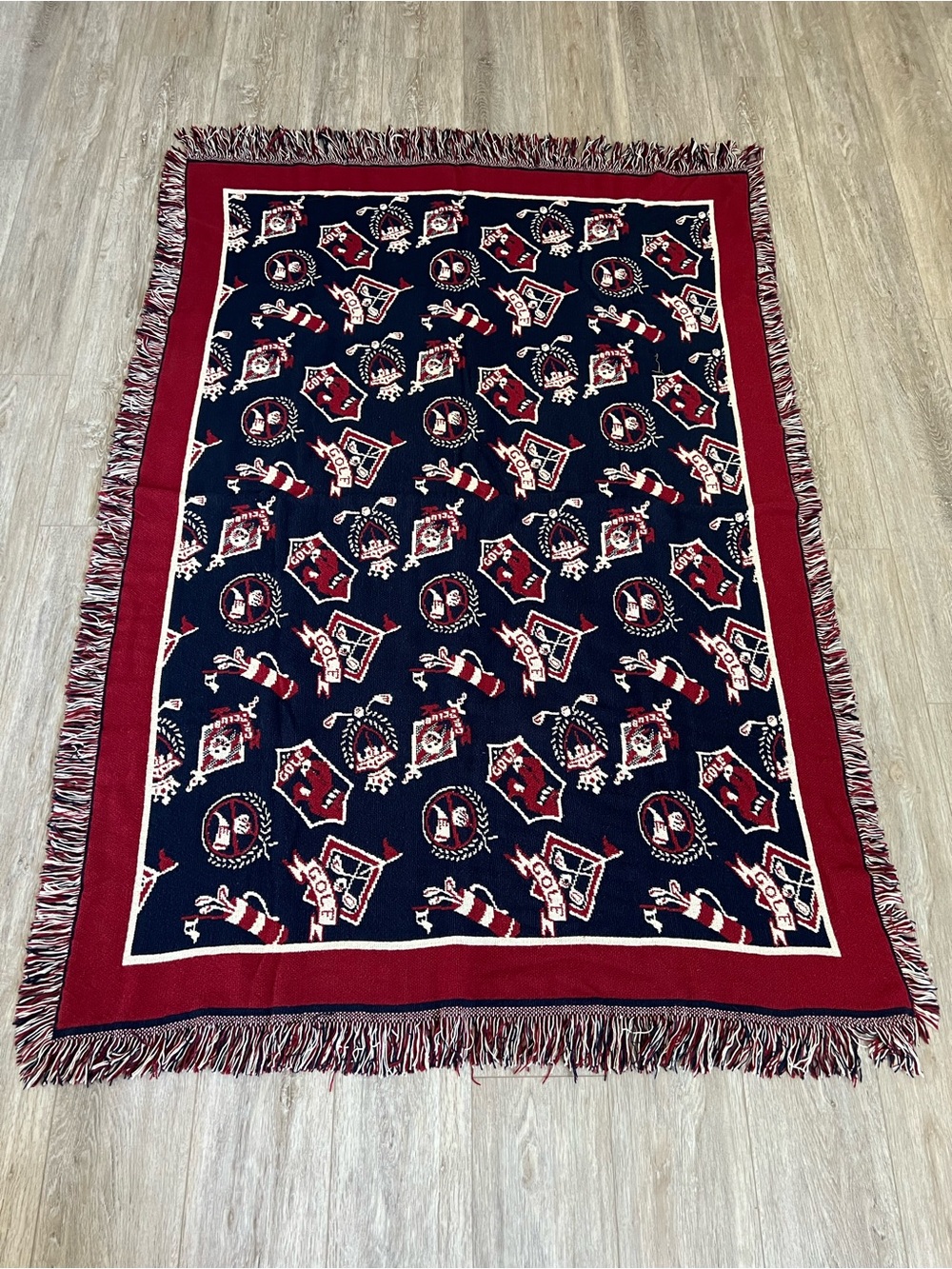 Vintage Tapestry Throw Blanket with Red, White and Navy Golf Design
